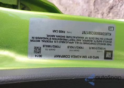 2014 Chevrolet Spark 1Lt Auto from USA, damaged, VIN KL8CD6S93EC581797